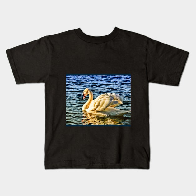 Swan wading on water in sunshine Kids T-Shirt by Blue Butterfly Designs 